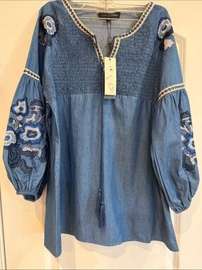 Flora Ashley Smocked Blue & Wh Embroidered Denim Peasant Blouse